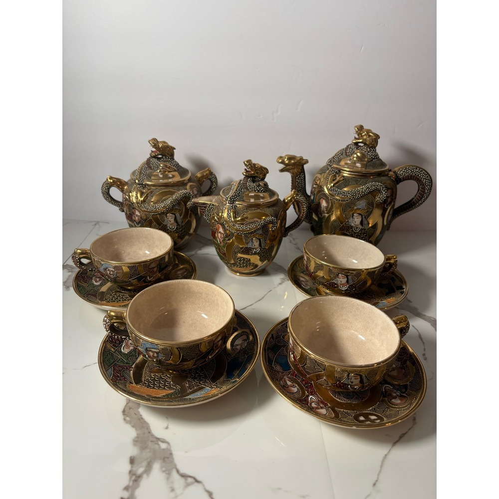 Vintage Japanese Satsuma Moriage Dragon Tea Set Hand Painted Gold Gilt 11pc